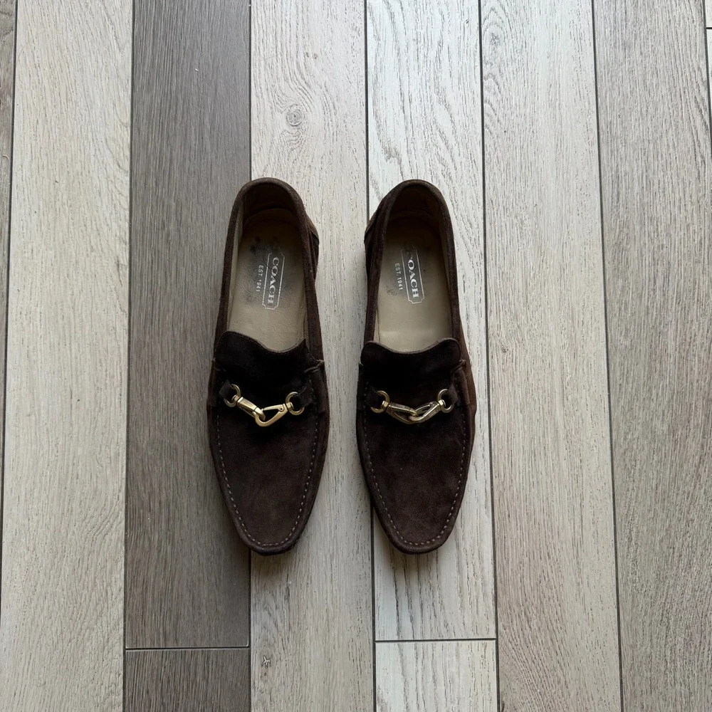 Coach Dark Brown Suede Loafers with Gold Accent - Picture 2 of 12